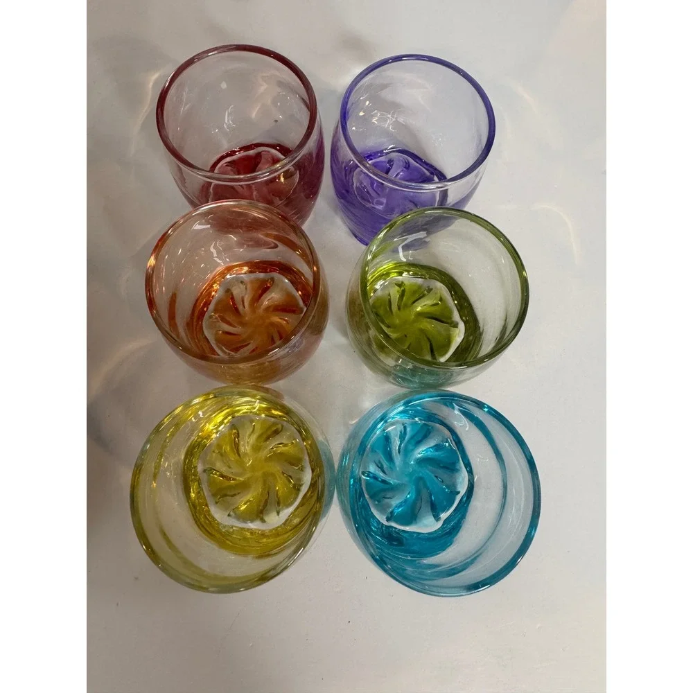 Vintage Colored Swirl Bottom‎ Shot Glasses Set Rainbow Hand Blown Style Barware